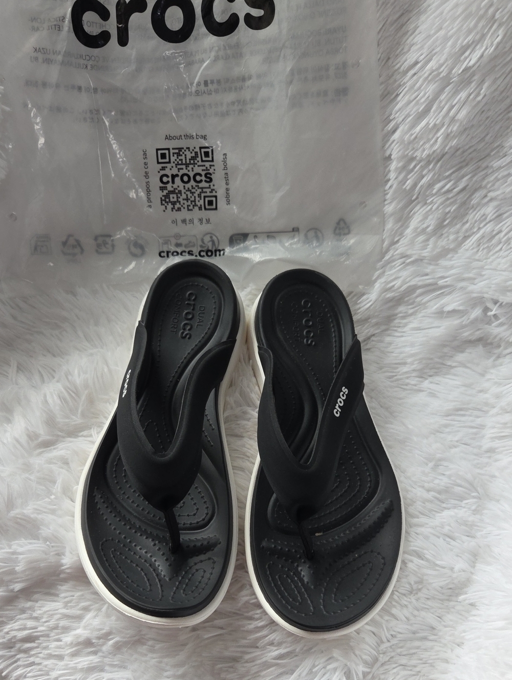 CROCS Black with White Trim Thong Wedge Sandals
